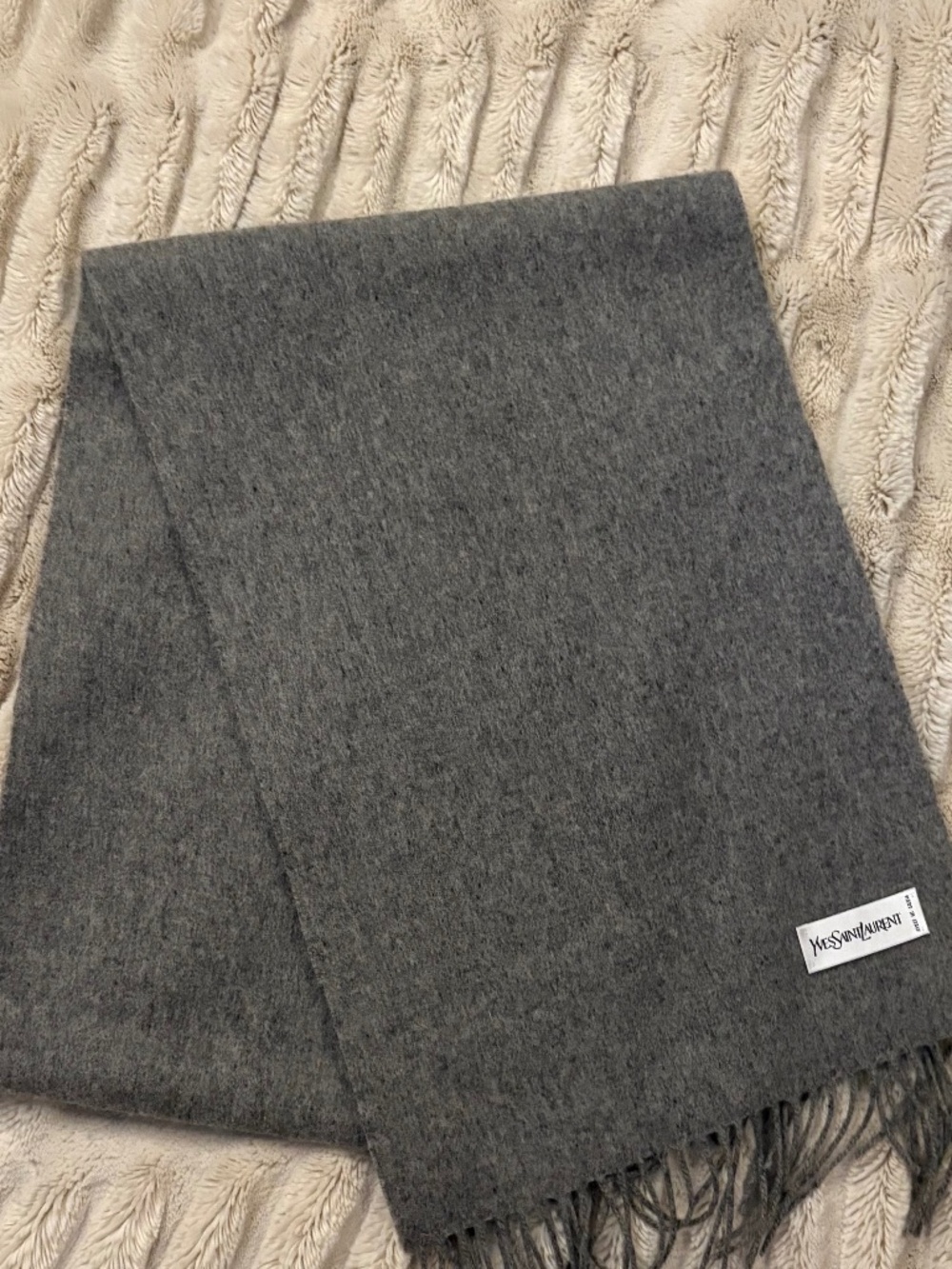 Vintage Yves Saint Laurent Gray Fringe Wool and cashmere Scarf